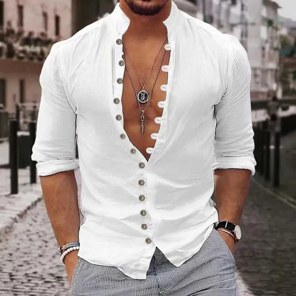 2024 Mens new leisure fashion multi-button solid color cotton hemp street long sleeve cardigan M260305