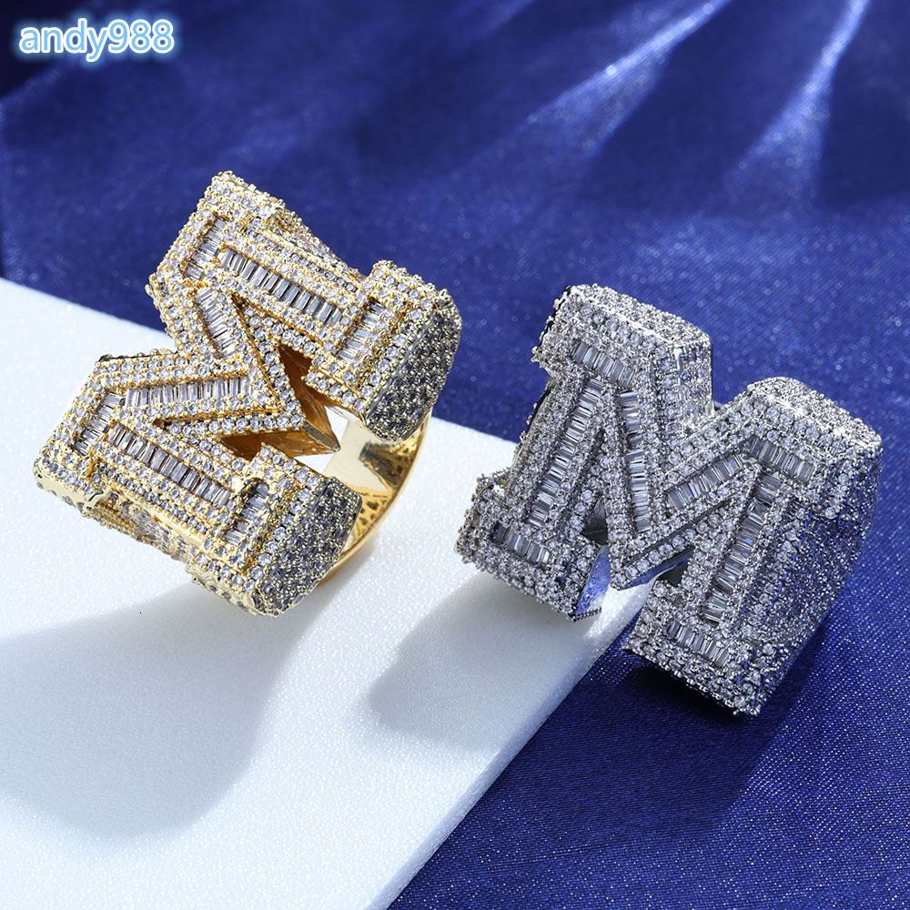 VEROMCA Custom 26 Letters Hip Hop Shiny Princess Cut Copper MoissaniteVVS Gold Plated Iced Out Initial Letter Ring