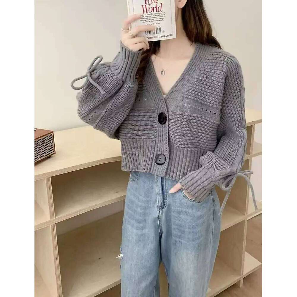 Women's Cardigan Sweater with Bow Decor Big Button V-Neck Crop Knitted Jacket Boxy Fit Korean Fashion Casual Female Fall Winter XJ260305