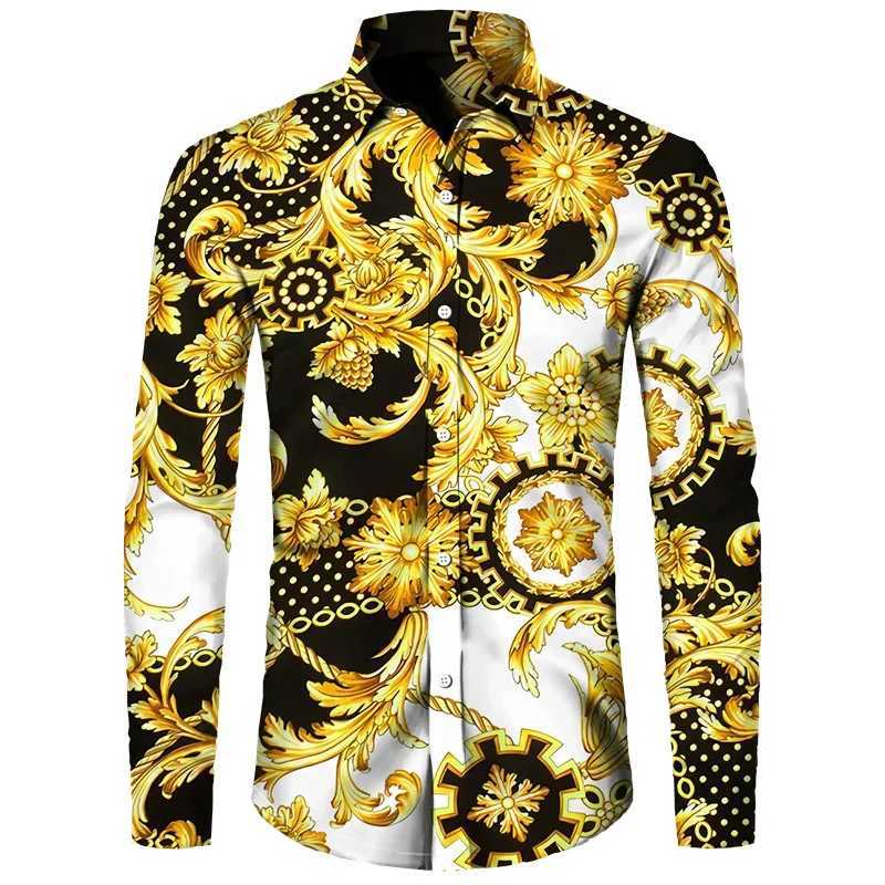 New 2024 Golden Flower Chain 3D Print Men Long Sleeve Shirt Casual Mens Designer Clothing Streetwear Lapel Button Shirts M260305
