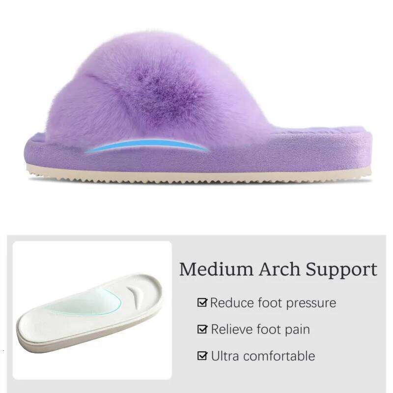 Kidmi New Fashion Fuzzy House for Women Fluffy Bedroom Warm Fur Slippers Thick Sole Cross Band Plush Shoes
