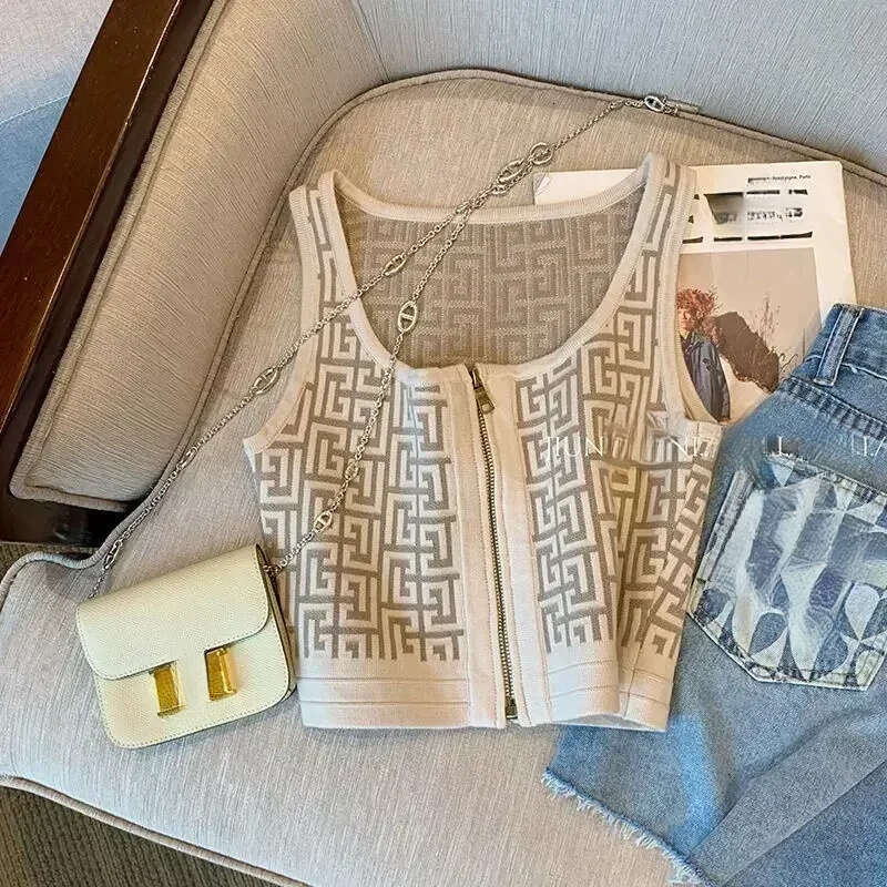 French Slim Sleeveless Knitted Ice Silk Top Trendy Fashion Round Neck Printed Short Vest Mdng260304