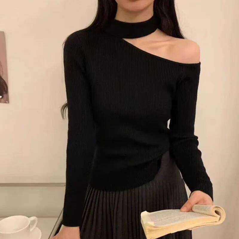 Autumn Korean Style Women Pullover Tops Off Shoulder Long Sleeve Knitted Sweaters Female Jumpers Solid Basic Sweater XJ260305