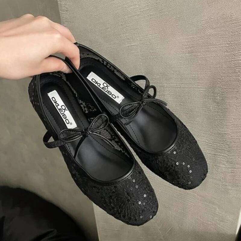 2025 Women Spring Summer Ballet Flat Shoes Breathable Mesh Embroidery Fashion Flats Lovely Bow Knot Female Daily Walking Sandals