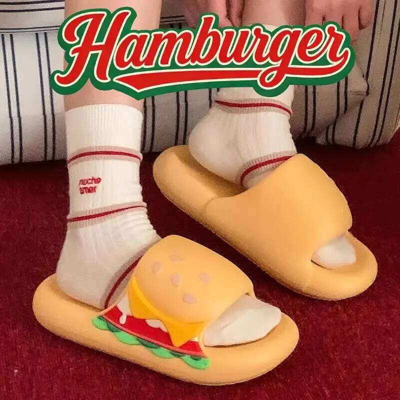 Cute Hamburger Indoor Platform Slippers For Women Summer House Shoes Soft EVA Thick Sole Anti-slip Couples Home Bathroom Slides