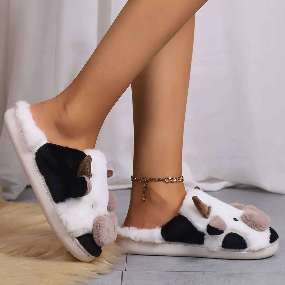 New 2025 Winter Unisex Cartoon Cow Warm Plush Slippers Couples Indoor Non-slip House Slides Men Women Home Floor Cotton Shoes