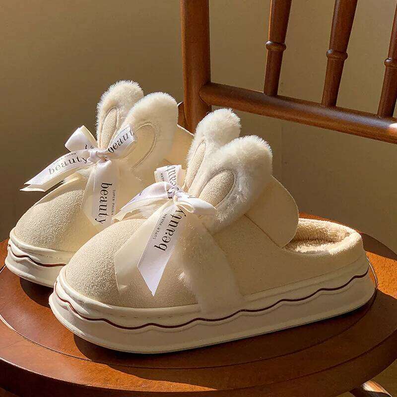 Faux Suede Women's Winter Home Rabbit Bow Cotton Slippers for Warmth, New Thick Soled Princess Style