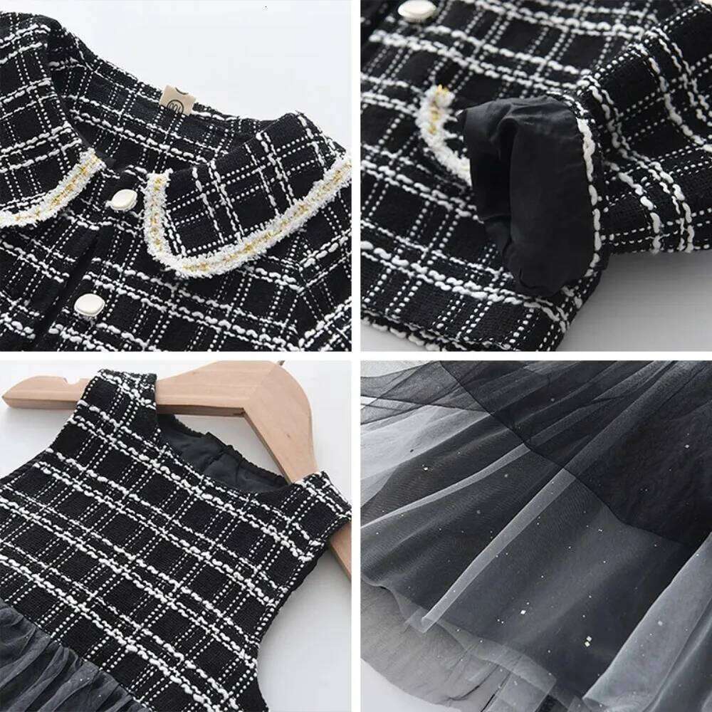 Autumn New Korean Version Clothes of Girls' Sleeveless Mesh Vest Dress+lapel Plaid Long Sleeved Jacket Two-piece Set Z260304