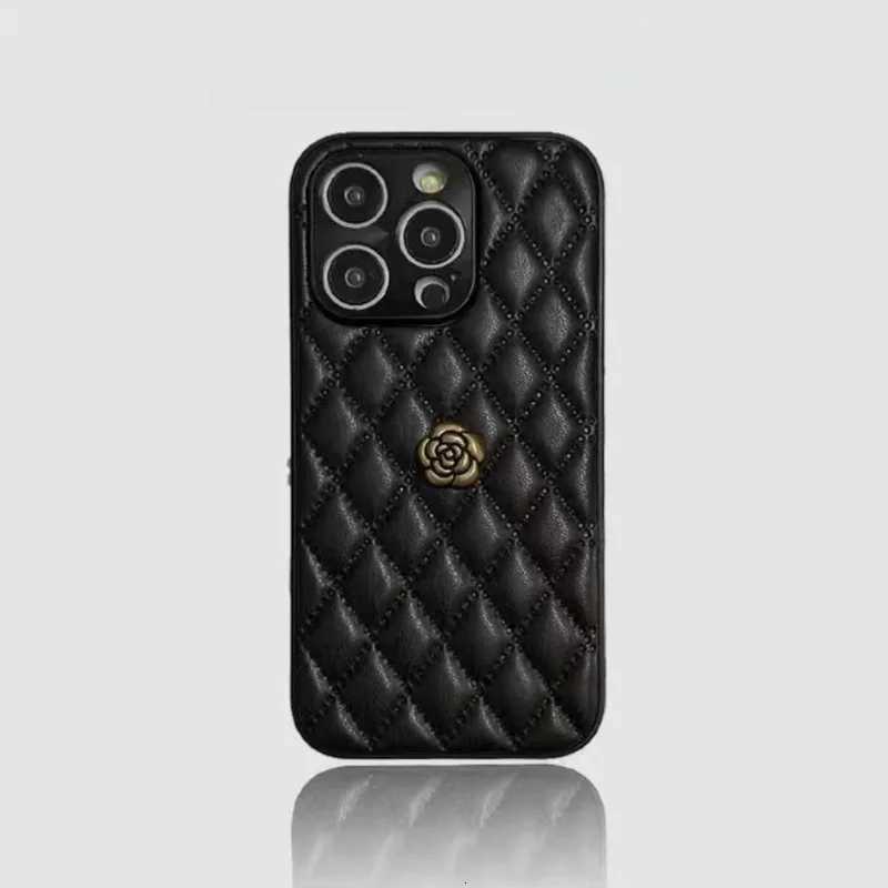 Luxury Quilted Leather Phone Case with 3D Metal Camellia For iPhone 17 16 15 14 13 12 Pro Max 15 16 Plus | Premium Fashion CoverT260305