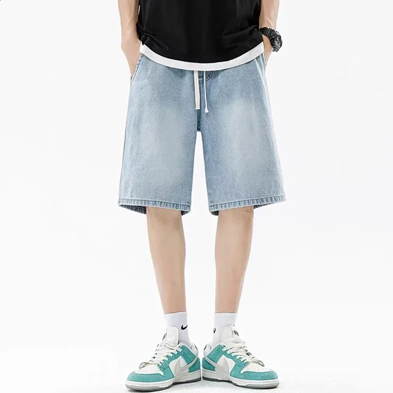Men Casual Denim Shorts Male Comfortable Elastic Waist Straight Leg Soft Short Pants Light Blue Loose Baggy Wide Leg Jeans 260228