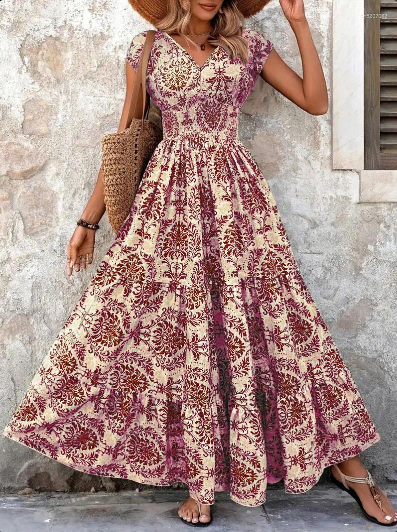 Casual Dresses 2026 Vintage Printed Dress Fashionable And Elegant V-neck Short Sleeved Jumpsuit Long Skirt Womens Clothing