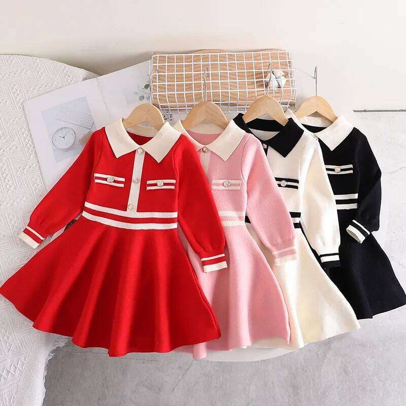Children's Dresses Lapel Stylish Slim-fit Dress Knitted Sweater Toddler Girl Winter Clothes Kids Knitwear Z260304