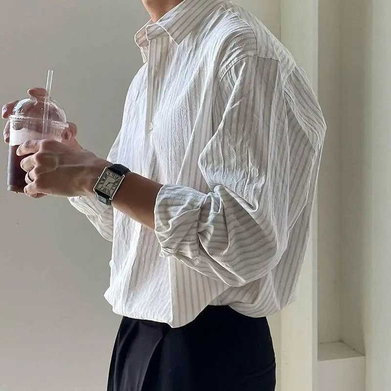 Mens Vintage Fashion Japanese Style Striped Business Casual Shirt Spring Summer Lapel Long Sleeve Loose Tops Camisas De Hombre M260305