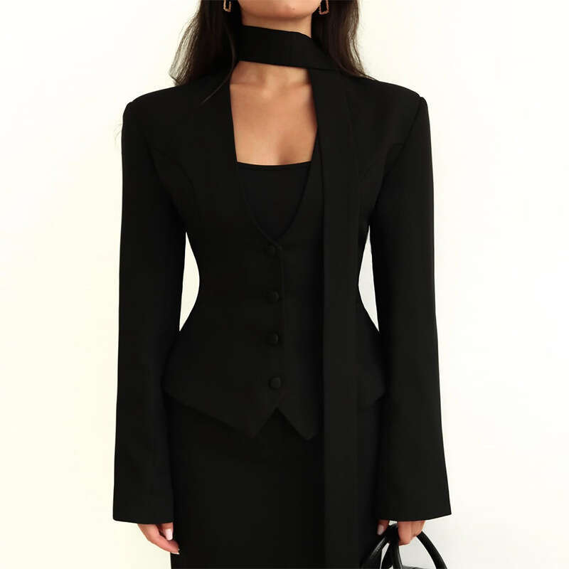 2025 New Fashion Solid Color V-Neck Scarf Decorated Long Sleeve Casual Blazer Jacket Top