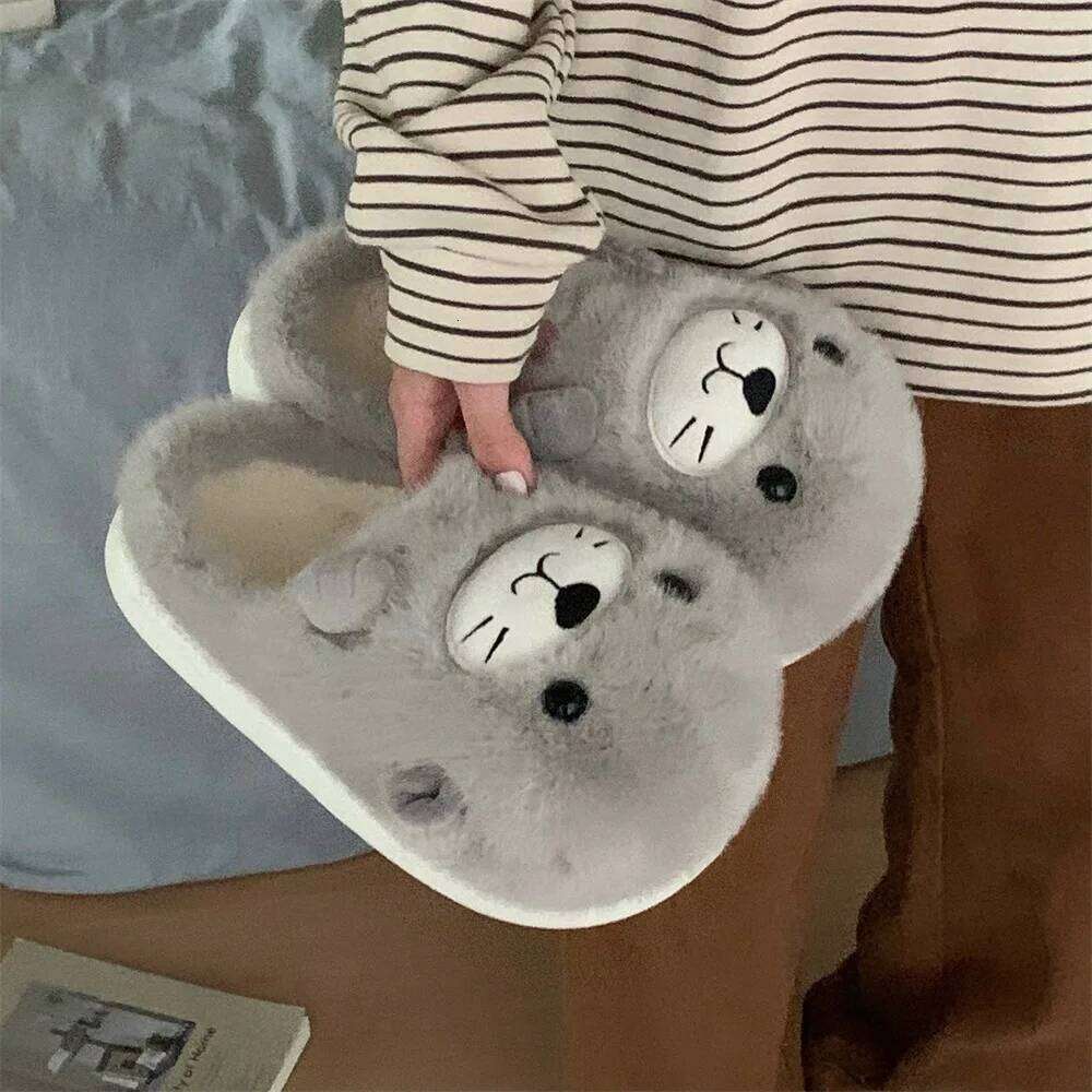 Cute Cartoon Seal Indoor Fluffy Slippers For Women Men Winter House Shoes Soft Plush Anti-slip Lovers Home Floor Cotton Slides