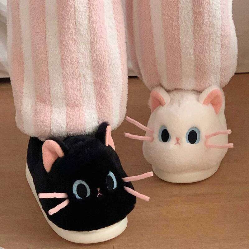 Women Indoor Fluffy Slippers Cute Cartoon Cat Girls Winter Warm House Shoes Soft Faux Fur Thick Sole Female Home Cotton Slides