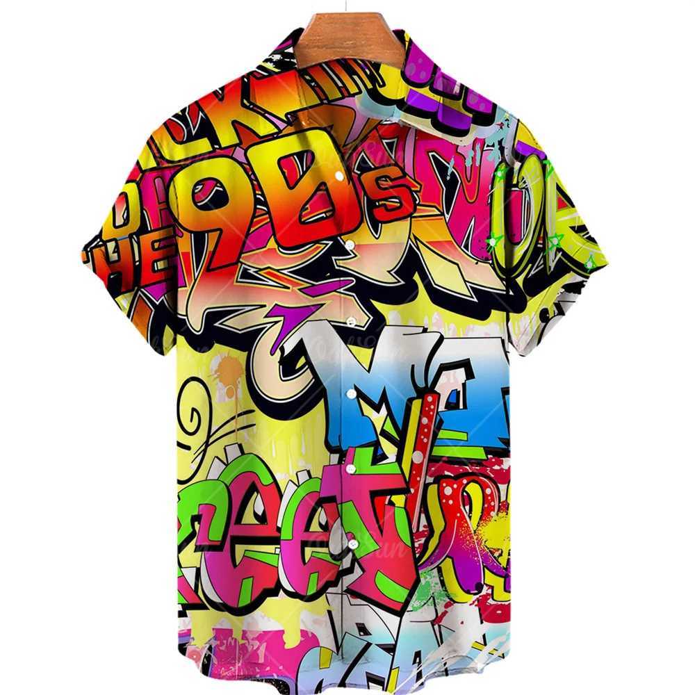 Summer Mens Designer Shirts Colorful Graffiti 3D Print Hawaiian Blouse Short Sleeves Fashion Floral Oversized Retro M260305