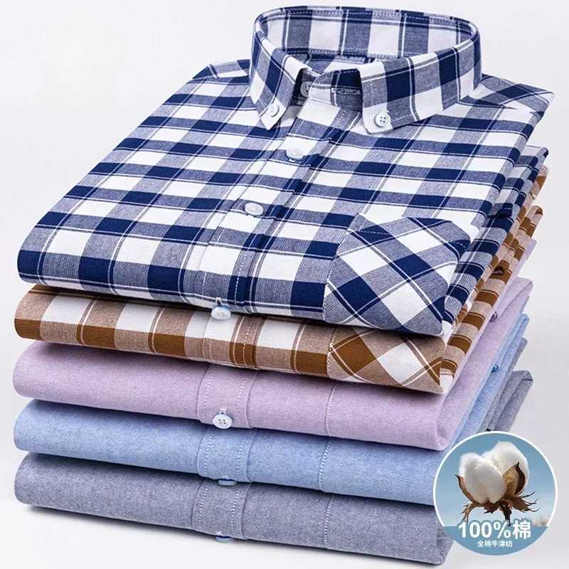 Spring and Autumn Mens Pure Cotton Long sleeved Shirts for Middle and Youth Leisure All Cotton Oxford Plaid Plus Size Shirts M260305