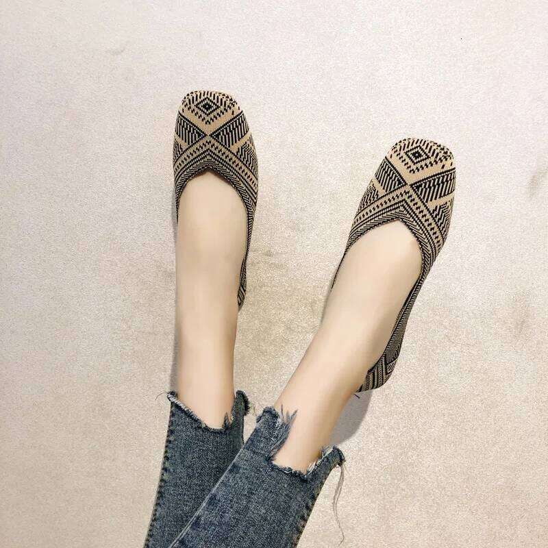 Spring and Autumn Fashion Leisure Women's Flat Square Toe Knitting Elastic Comfortable Slip-on Boutique Shoes