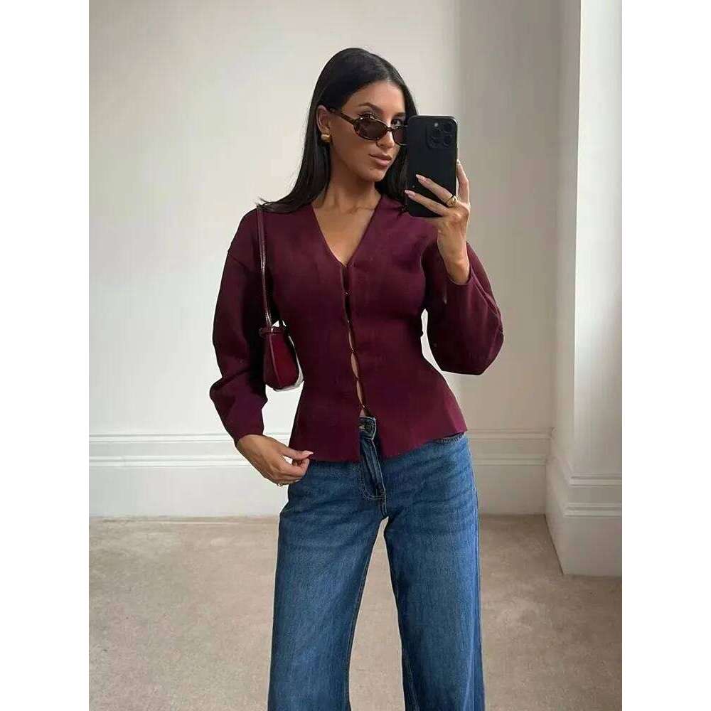 HH Women Elegant Knitted Coats Fashion Burgundy Red V-neck Slim Cardigan Autumn Office Lady Chic Solid Long Sleeve Outerwear XJ260305