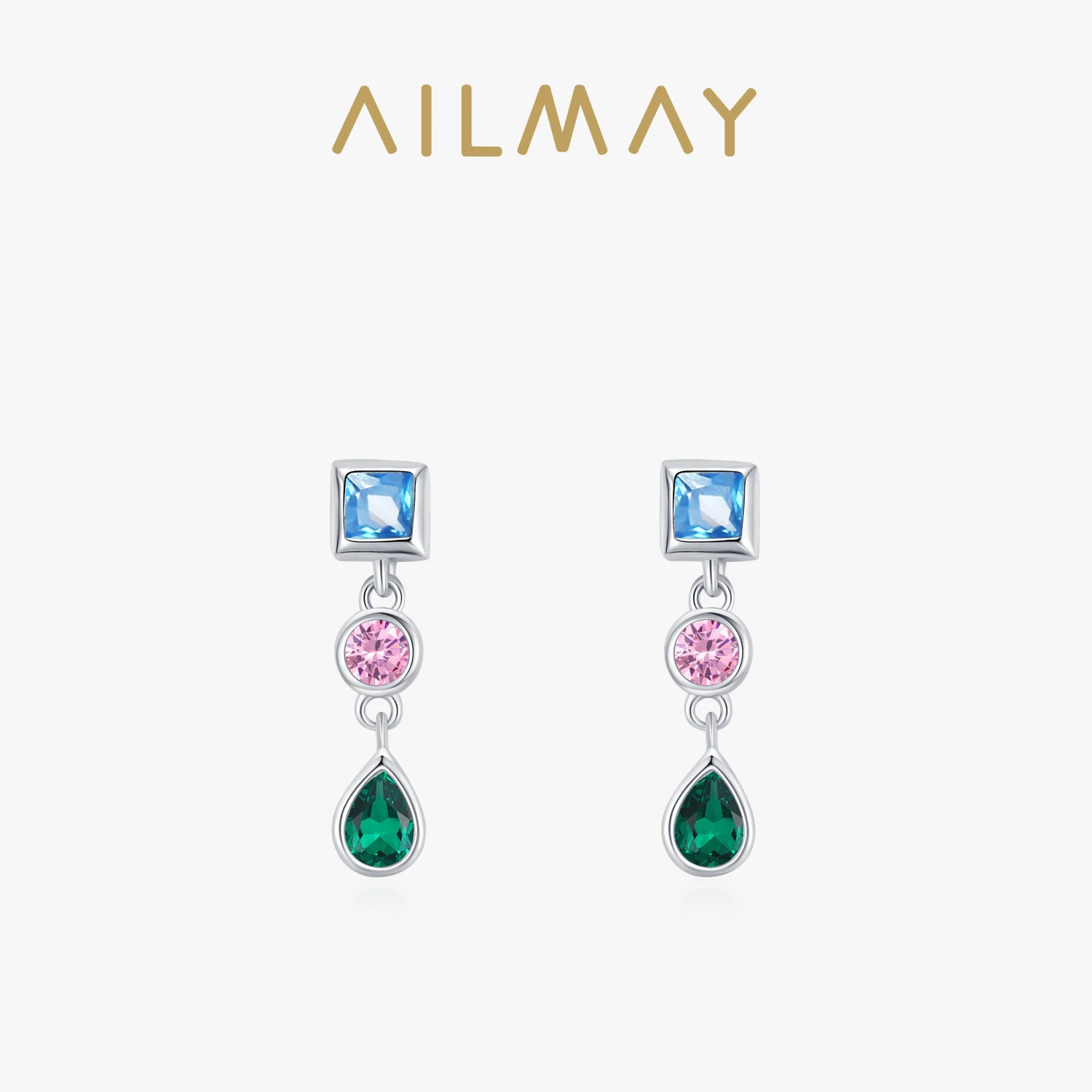 Ailmay 925 Sterling Silver Fashion Rainbow CZ Geometric n Stud Earrings For Women Girls Wedding Party Accessories Jewelry 260303