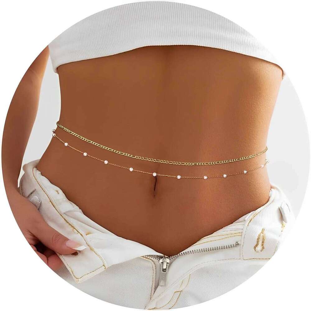 Bobisty 2pcs Belly Waist Chains for Women Waterproof Stainless Steel Pearl Beaded Seashell Body Chain Bracelet Jewel S260304