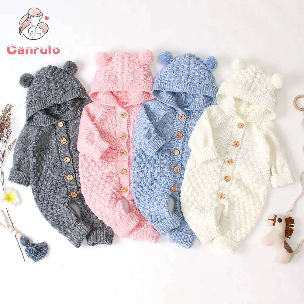 2020 Autumn Winter Newborn Sweater Baby Boy Girl Clothes Romper Bear Ear Knit Hooded Jumpsuit Outfit Clothing Z260304