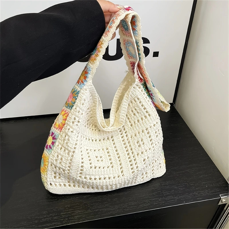 Womens Boho Crochet Bag Flowers Knitted Handbags Large Capacity Summer Beach Woven Shoulder Bag Girls Tote Shopper Bag 260303