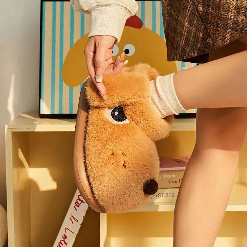 Cute Cartoon Dog Indoor Fluffy Slippers For Women Men Warm House Shoes Soft Faux Fur Anti-slip Couples Home Garden Snow Boots