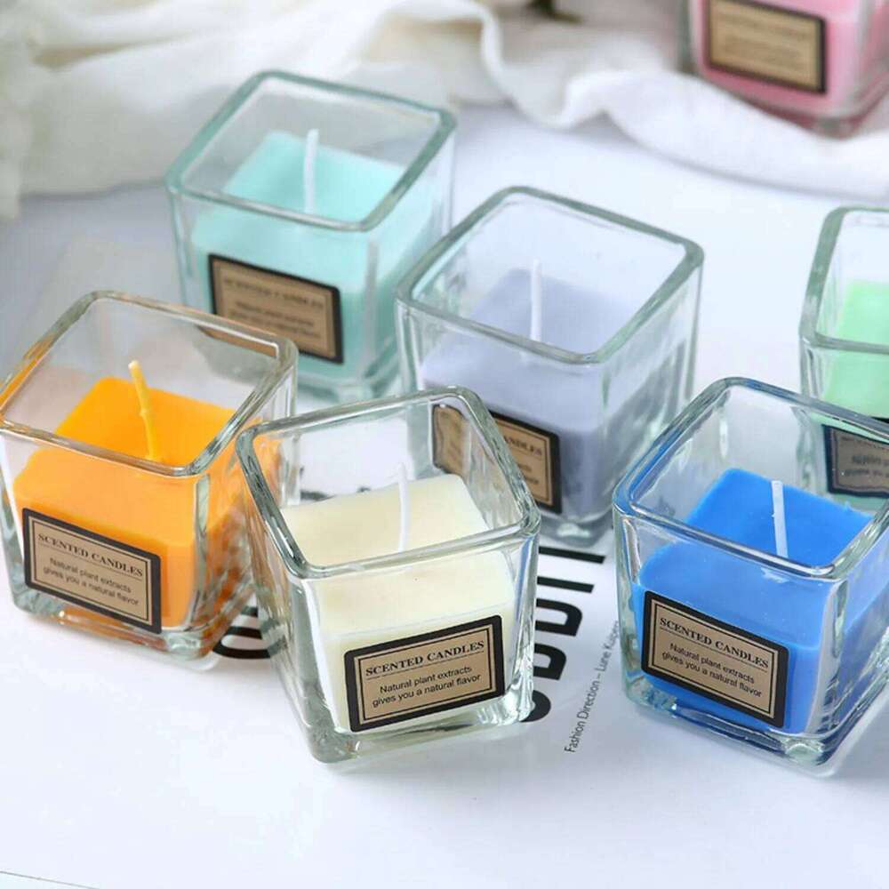 Colorful Smokeless Square Cup Glass Candle 1pc Niche Aromatherapy Romantic Ins Minimalist Home Decor Gift for Birthday W260304 W260305