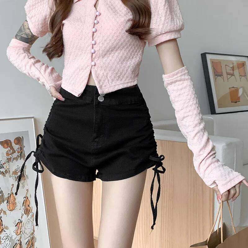 High Waist Jean Women Draw String Denim Patchwork Loose Shorts Zipper Fly Buttons Spliced Casual Summer Pockets XJ260305