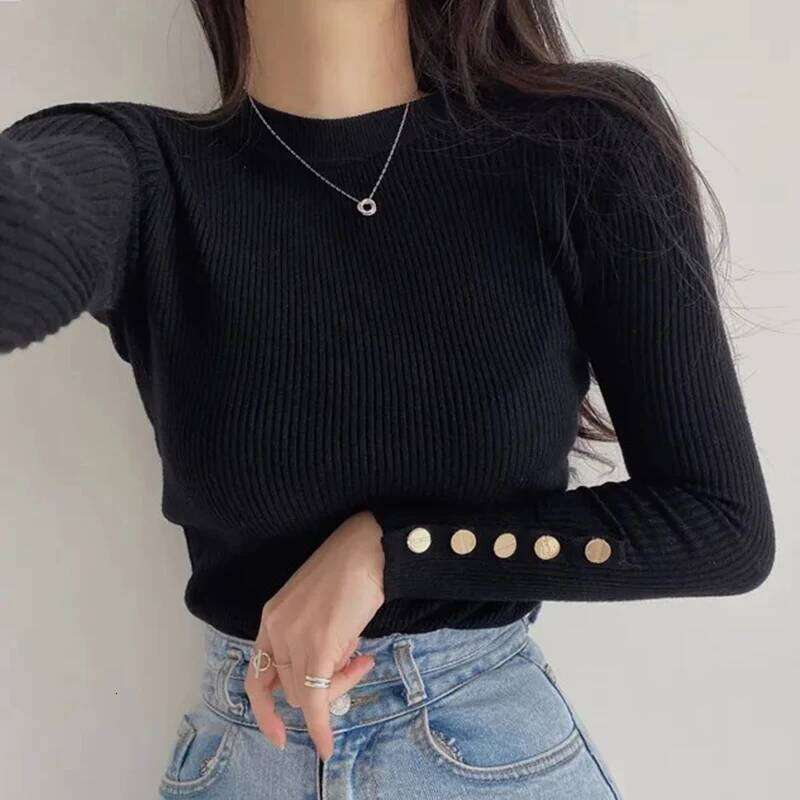 Autumn Winter Women Knitted Sweater Long Sleeve Button O Neck Slim Pullover Sweaters Female Soft Warm Bottoming Tops XJ260305