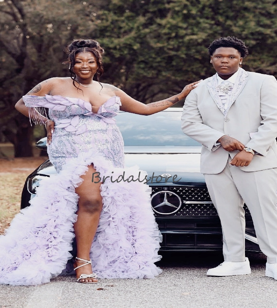 Opulent Light Purple Plus Size Evening Dress 2026 Off Shoulder Bottom Ruffles Prom Dress For Black Girls Sexy Slit Formal Dress Special Occasion Birth