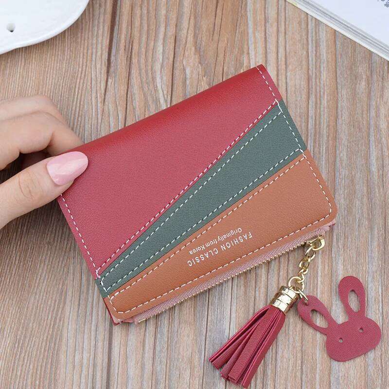 Women Wallet Patchwork Design Small Zipper Coin Purse Tassel Decoration Money Bag Simple Card Holder Contrast Color PU Leather C260304