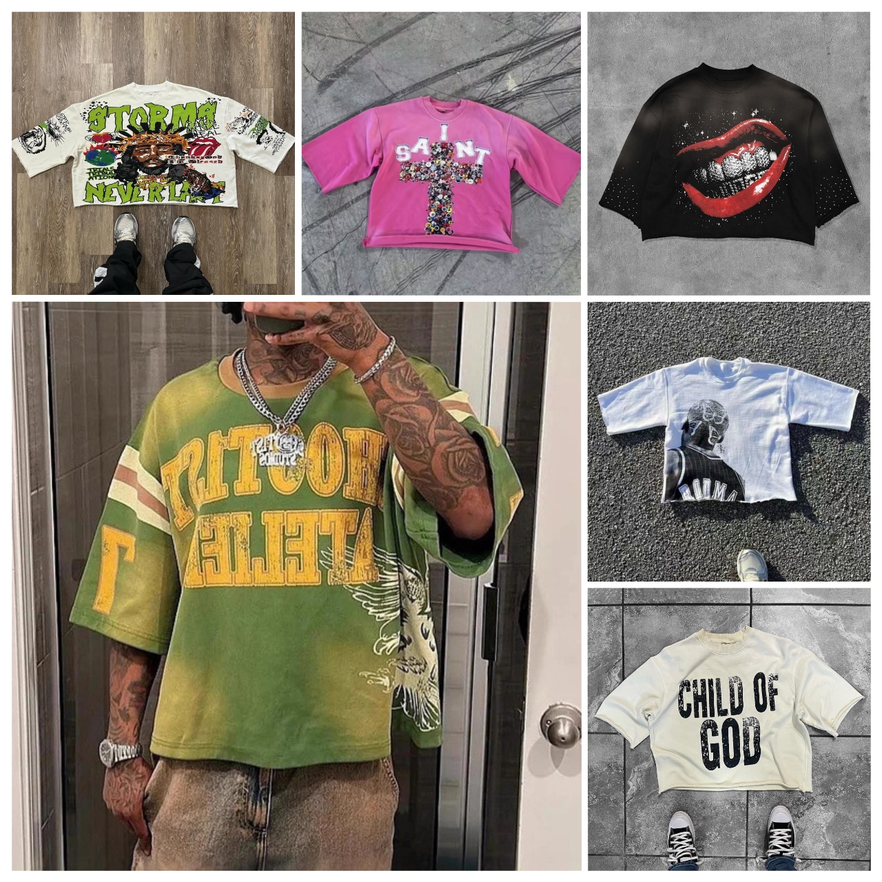 Men's Dress Shirts American Retro Gothic Fashion Summer Casual Hip-hop Splicing T-shirt Personalized Street Sports Top