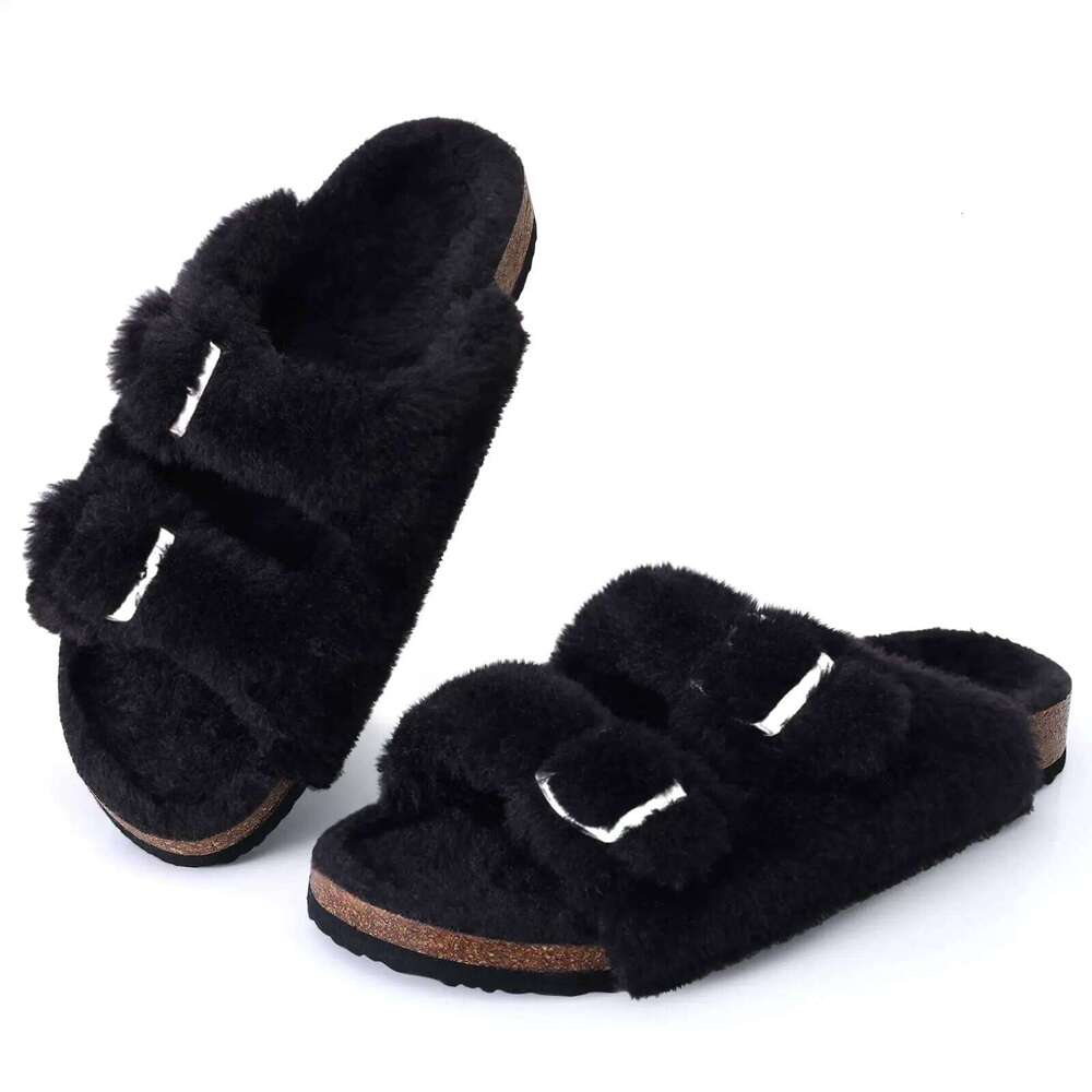 Kidmi New Fashion For Women Indoor Fluffy Slippers With Adjustable Metal Buckle Arch Support Comfort Cork Insole Slides