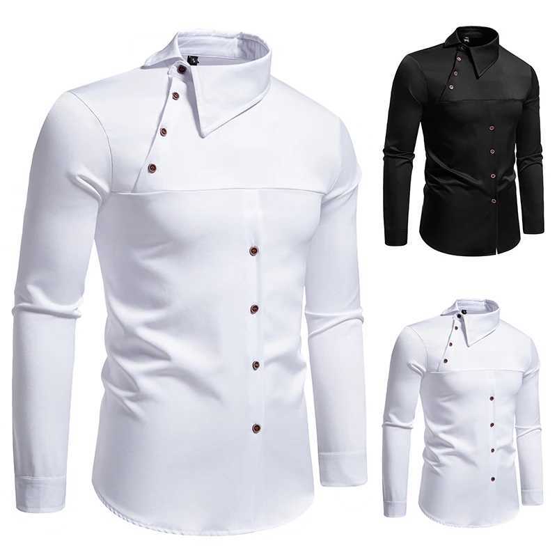 Men Long Sleeve Shirts Personality Slant Collar Mens Dress Shirt Casual Male Top Clothes Chemise Hemd Homme Shirt S55 M260305