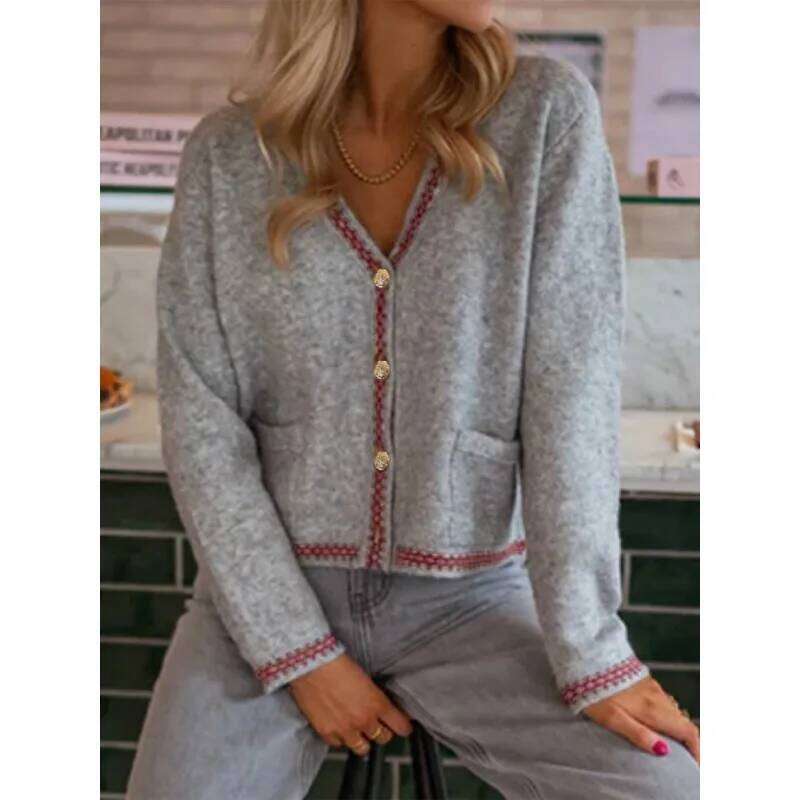 2025 New Elegant Contrasting Color Trim Front-breasted Pocket Knitted Sweater Cardigan for Women XJ260305