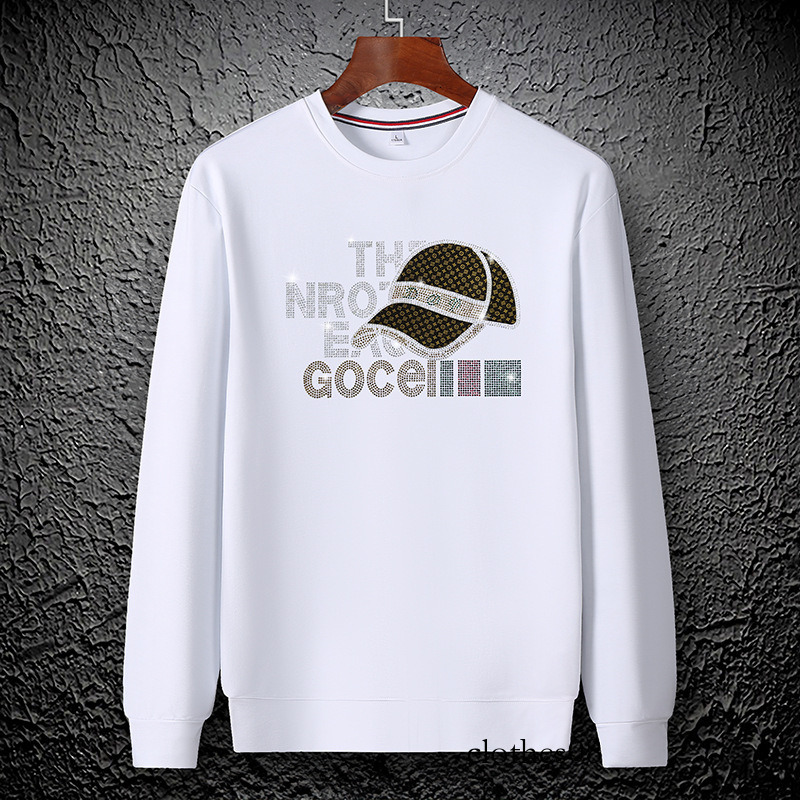 European Style Autumn Winter Sweatshirt Round Neck Fleece Trendy Men's Versatile Light Luxury Youth Heavy Craft Rhinestone Inner Shirt Long Sleev
