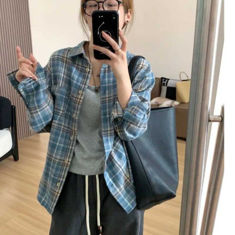 Retro American Blue Plaid Shirt Loose Casual Style for Men and Women Spring Autumn Trendy Brand Versatile Outerwear M260305