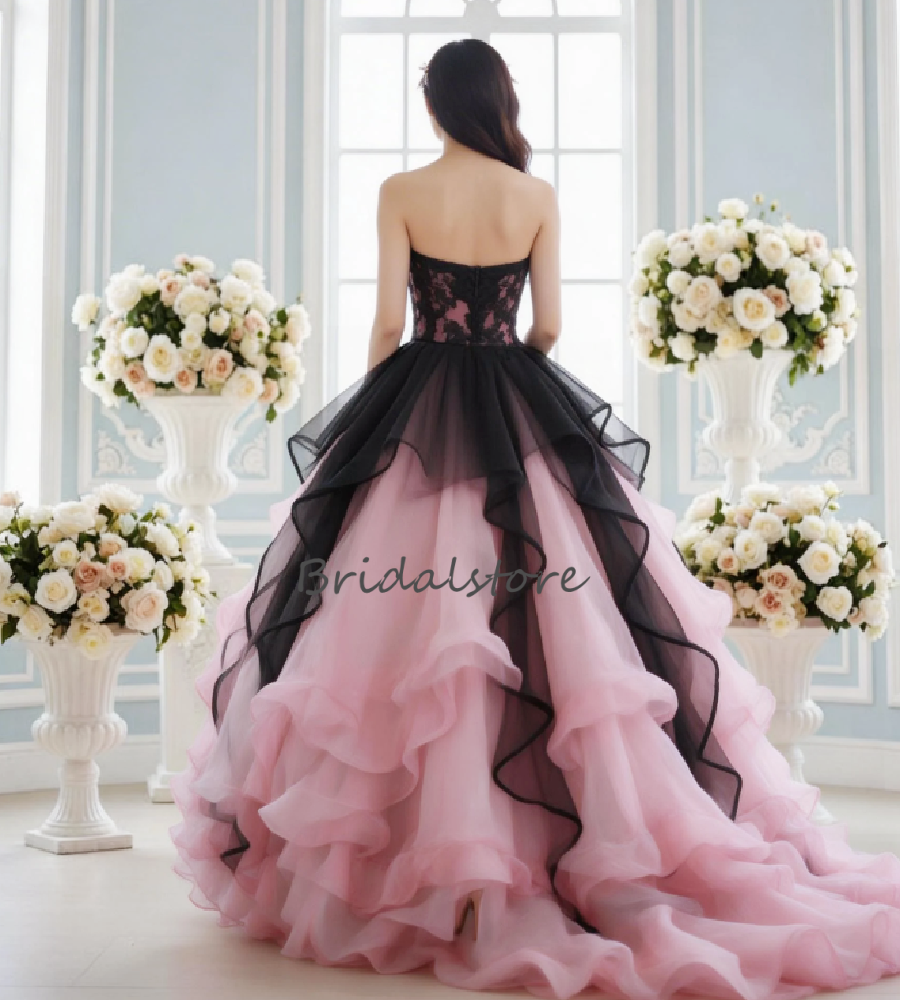 Luxury Pink And Black Wedding Dress Rococo Victorian Ruffles Tiered Gothic Bridal Gowns 2026 Costume Church Country Bride Dress Halloween Vestio De No