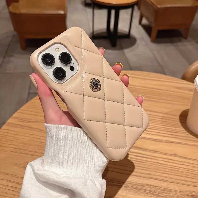 Luxury Quilted Leather Phone Case with 3D Metal Camellia For iPhone 17 16 15 14 13 Pro Max Plus | Premium Protective CoverT260305