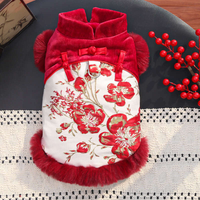 Famous brand New Chinese style rich floral pattern plush pet clothing cats dogs autumn winter apparel and accessories wholesale for foreign trade pupa