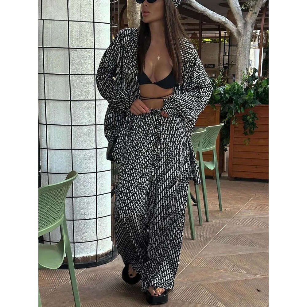 Oymimi Fashion Black Print Womens Piece Outfit Set Elegant Lapel Long Sleeve Shirts And High Waisted Lopse Straight Pants Sets MAKOUFEI