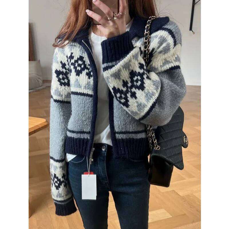NEW Korean Gentle Touch Winter Retro Cardigan Chic Jacquard Zipper Knitted Sweater Cozy Jacket XJ260305
