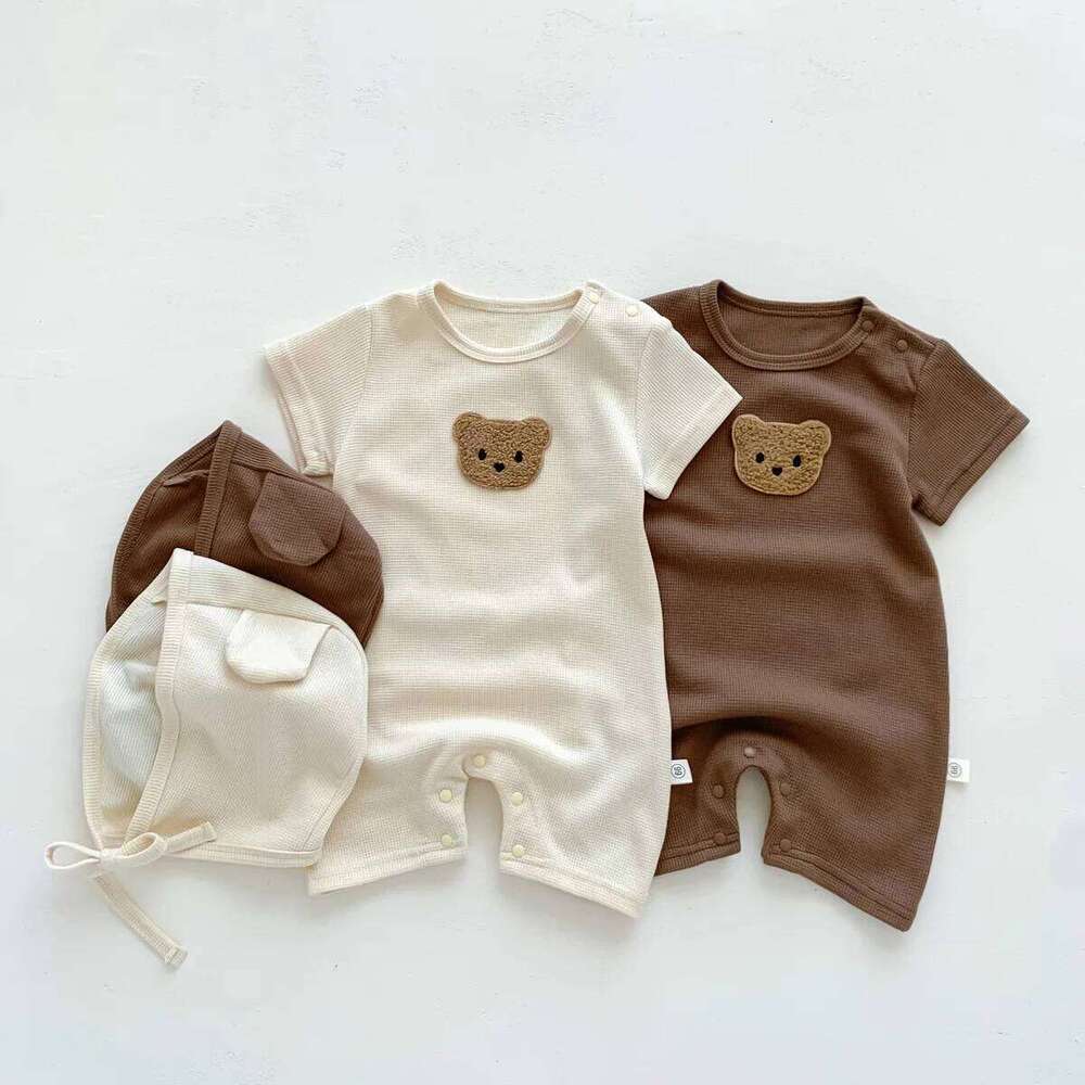 New In Summer Kids Baby Girls Boys Short Sleeve Waffle Patch Bear Infant Newborn Jumpsuits Cotton Romper Gift Hat with Ear Z260304