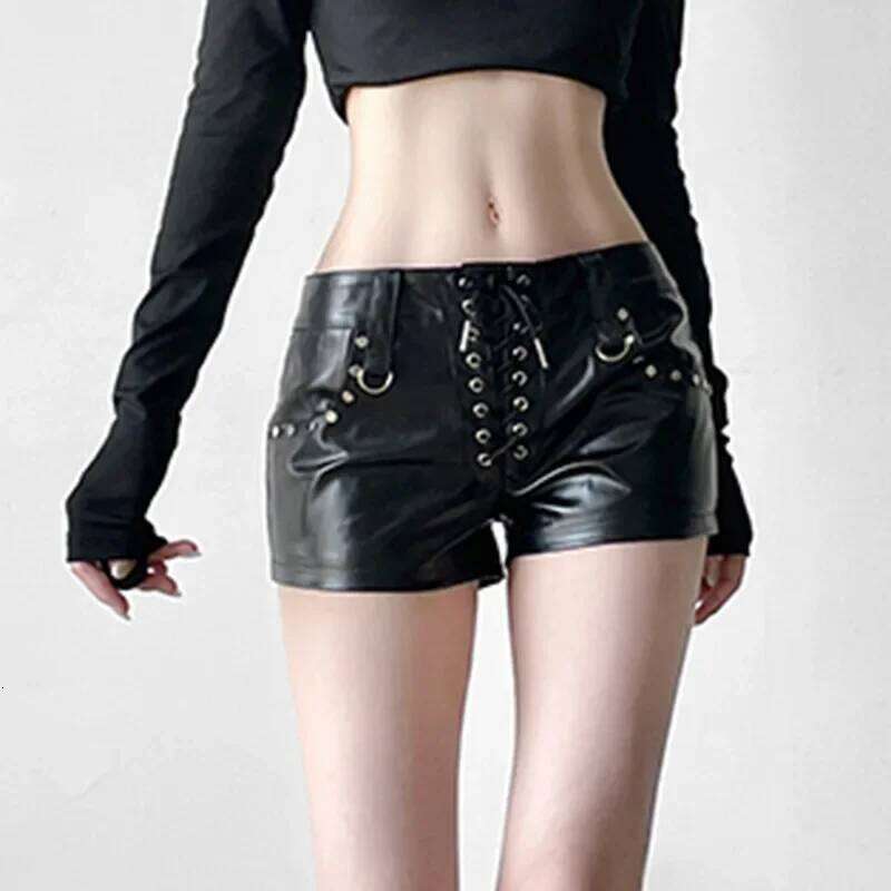 American Street Women Sexy Rivet Low Waist Hip Wrap Skinny Leather Lace Up Booty Shorts XJ260305