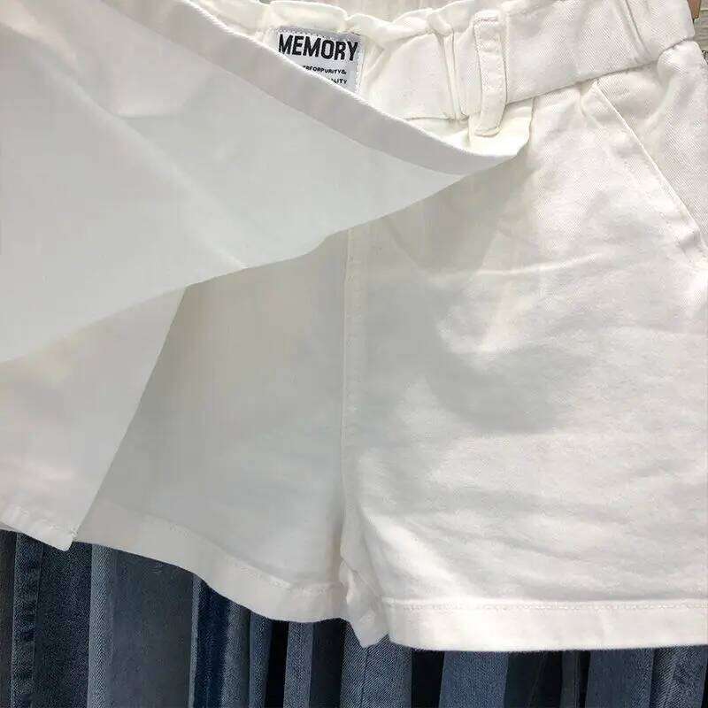 Fake Two Piece White Denim Skirt PURE COTTON Short Pant Asymmetric Elastic Waist Young Women Sweet Summer Skirts Korean Stylish XJ260305