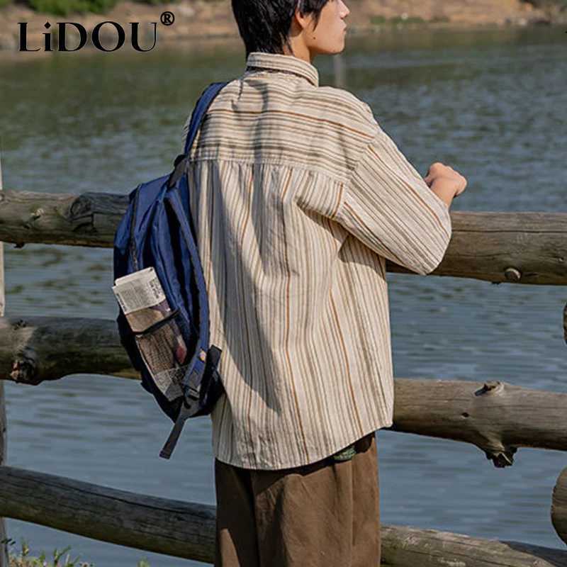 Spring Autumn Fashion Temperament Japanese Vintage Blouse Man Simple Stripes Loose Long Sleeve Top Casual All Match Male Shirt M260305