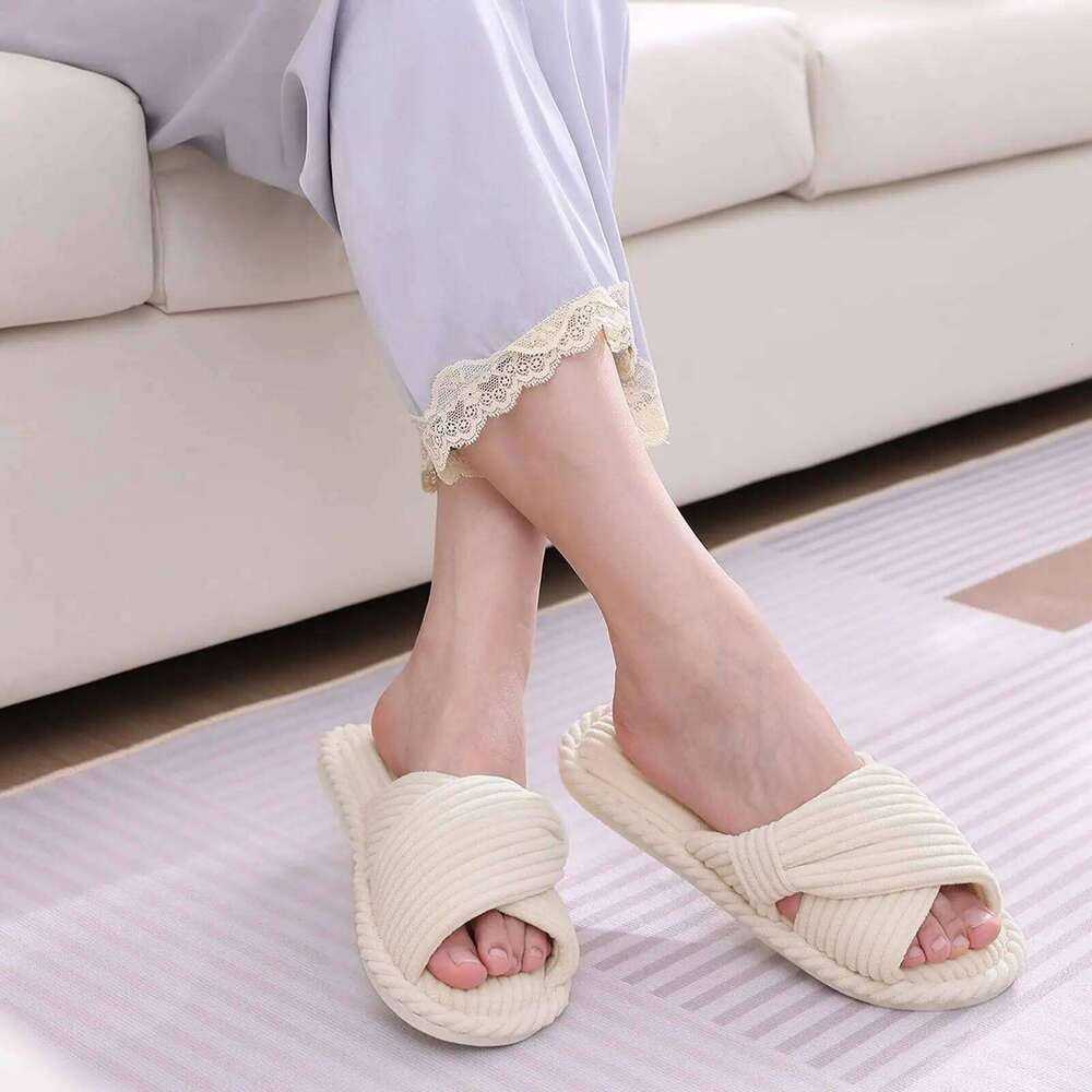 Kidmi Corduroy Women Indoor Open Toe House Shoes Memory Foam Slides With Adjustable Bow Strap Spring New Lady Slippers